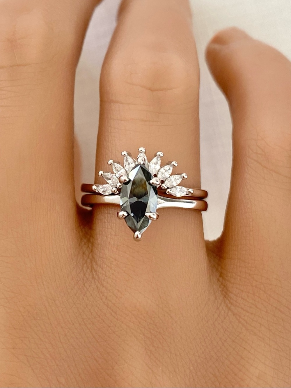 Sterling Silver Marquise Dark Gray Moissanite Crown Marquise CZ 2pc Ring Set